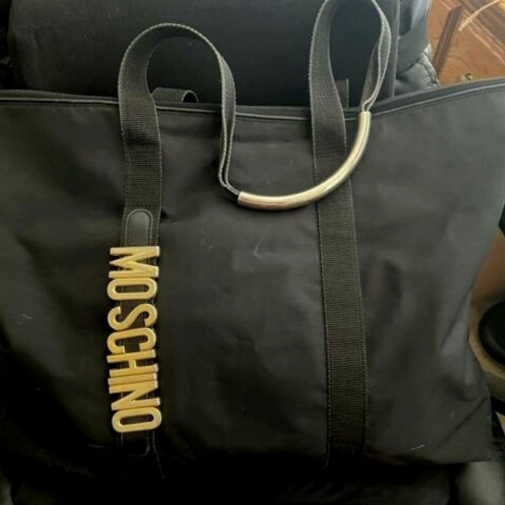 Moschino Redwall Black Nylon and Leather Trim with Gold Hardware Tote